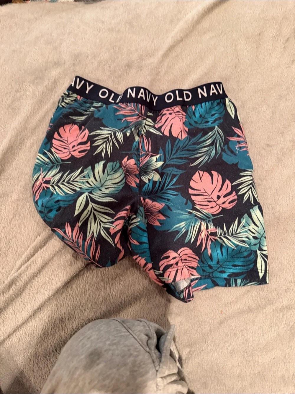 Old Navy Navy Shorts with Pink and Teal Tropical Leaves